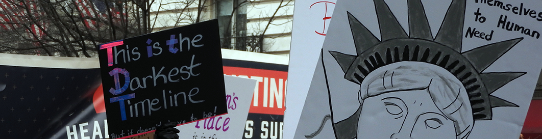 Protest Signs, one showing the face of the Statue of Liberty and the other stating 'This is the Darkest Timeline'
